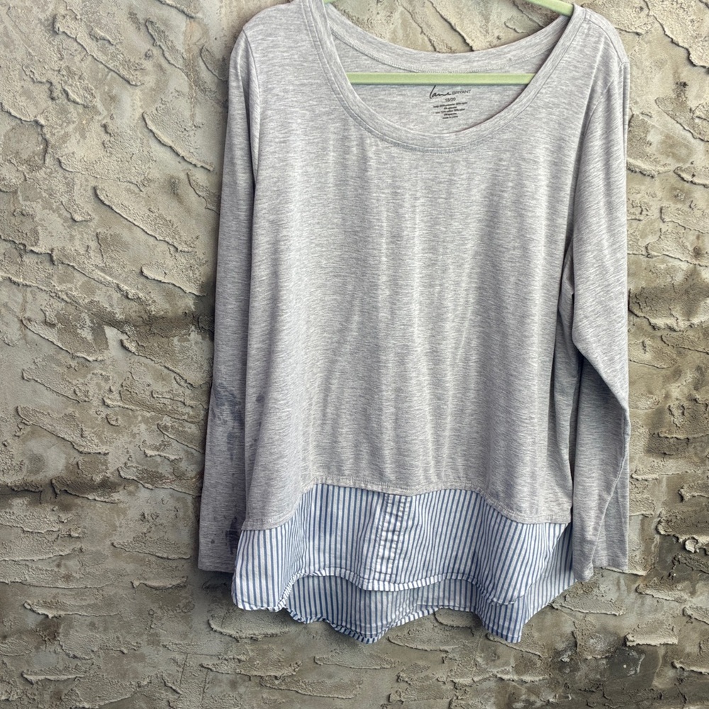 Plus Size Lane Bryant Light Gray Long Sleeve Pop Over Top Striped Hem Size 18/20